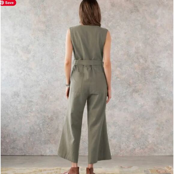 The Shanty Flax Linen Sage Green Jumpsuit Romer Tie Waist Utility L Large - Picture 2 of 11